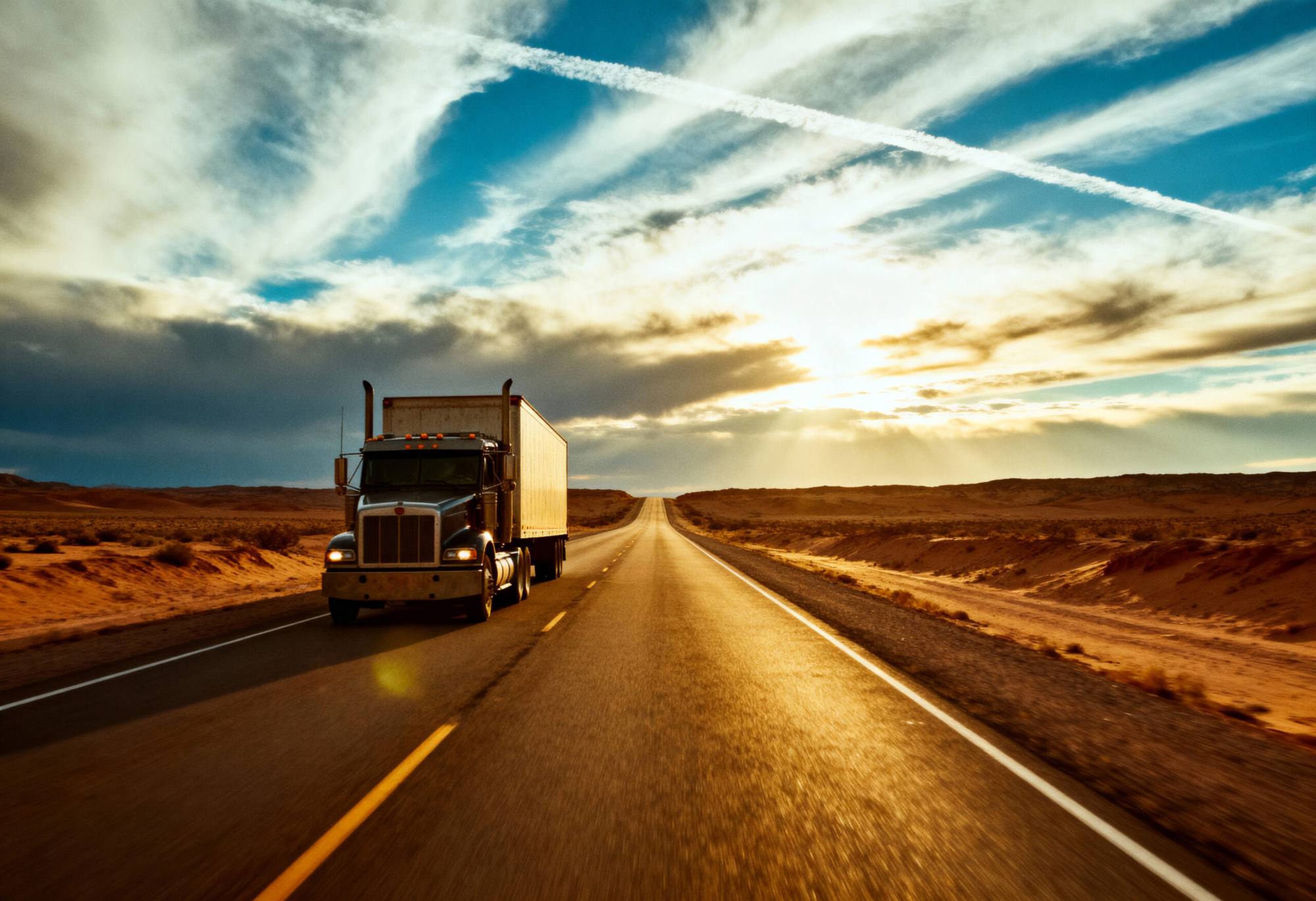 A semi tractor-trailer driving a desert highway toward the sunset